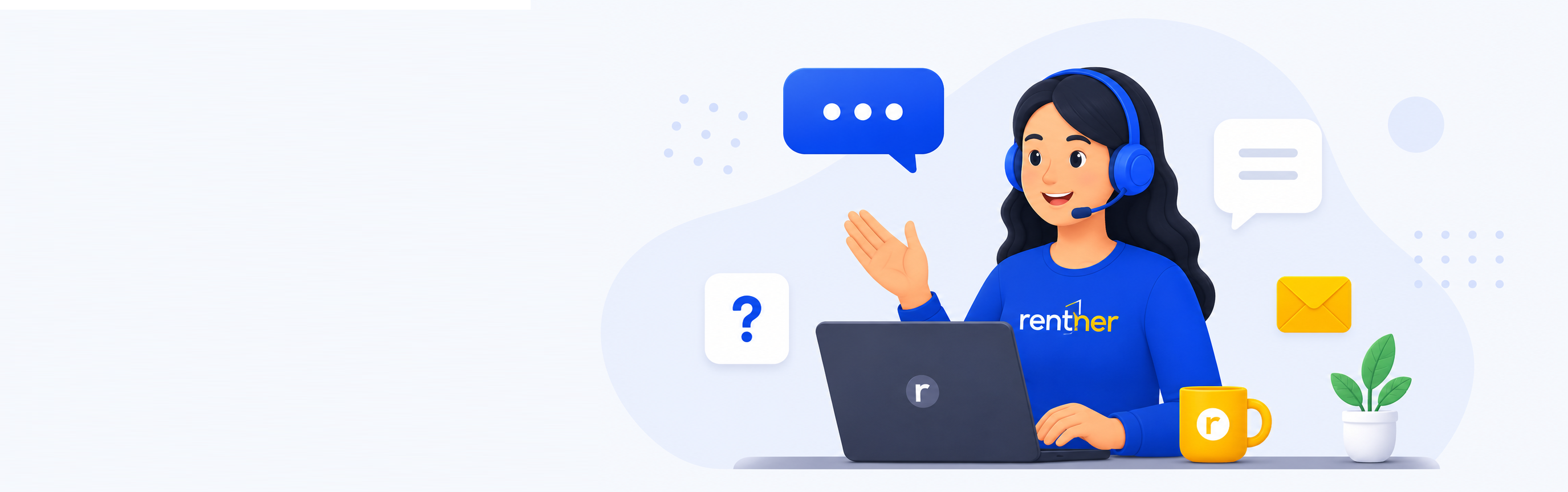 Illustration of a Rentnear support agent wearing a headset, working at a laptop, surrounded by chat bubble, question mark, mail, and plant icons