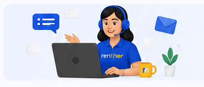 Illustration of a Rentnear support specialist with a headset, working at a laptop