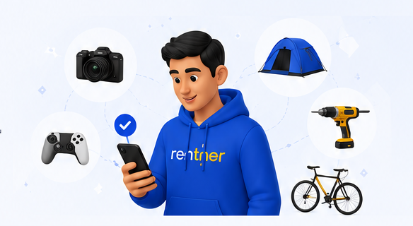 Illustration of a person in a Rentnear hoodie holding a phone, surrounded by floating rental items — a camera, a tent, a game controller, a drill, and a bicycle